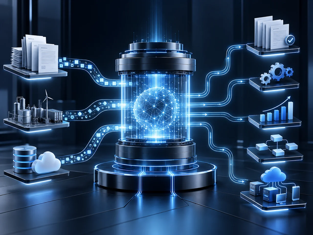 Practical AI system coordinating documents, operational signals, analytics, and automated outcomes
