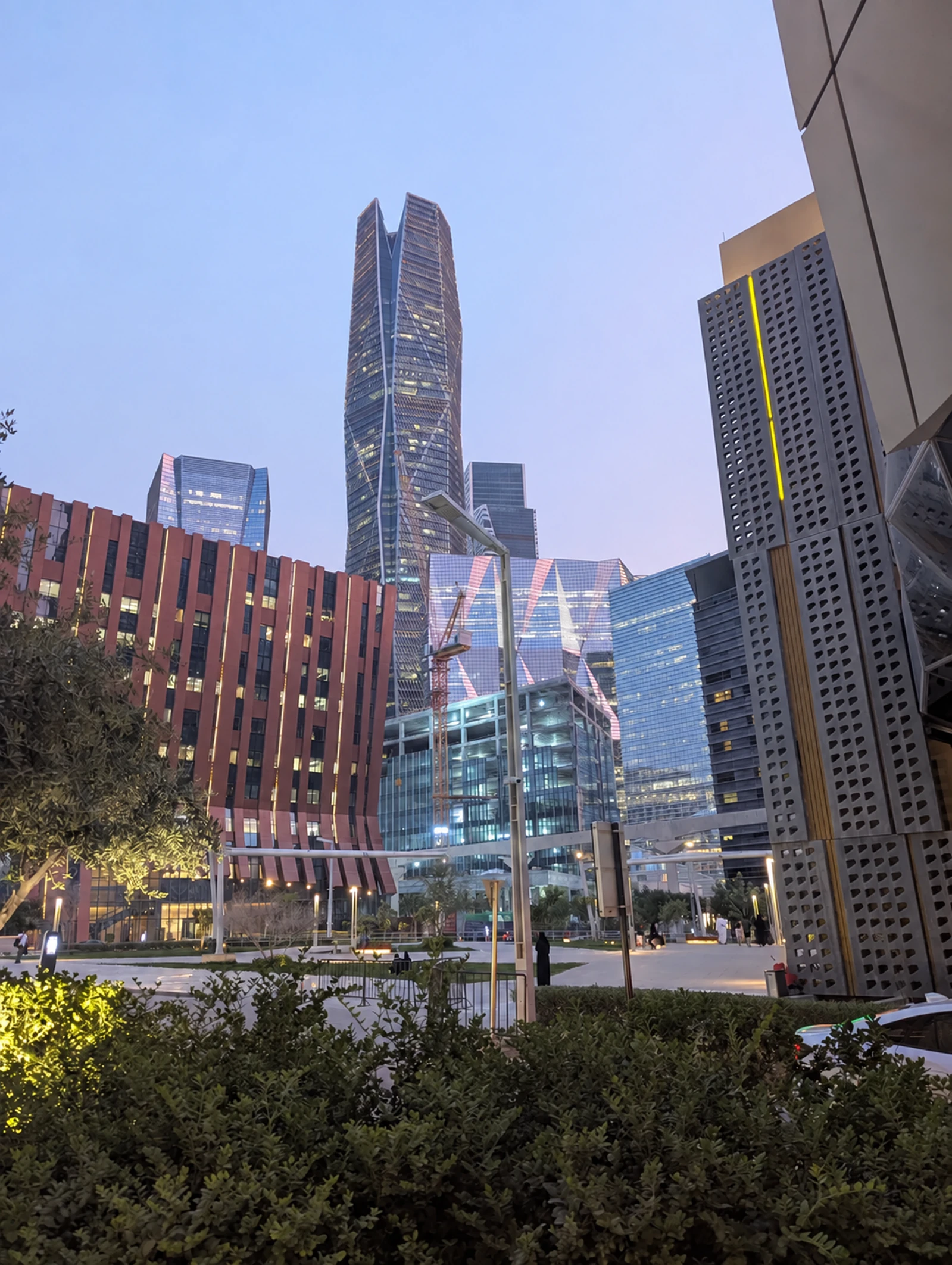 Modern architecture in Riyadh's King Abdullah Financial District at dusk