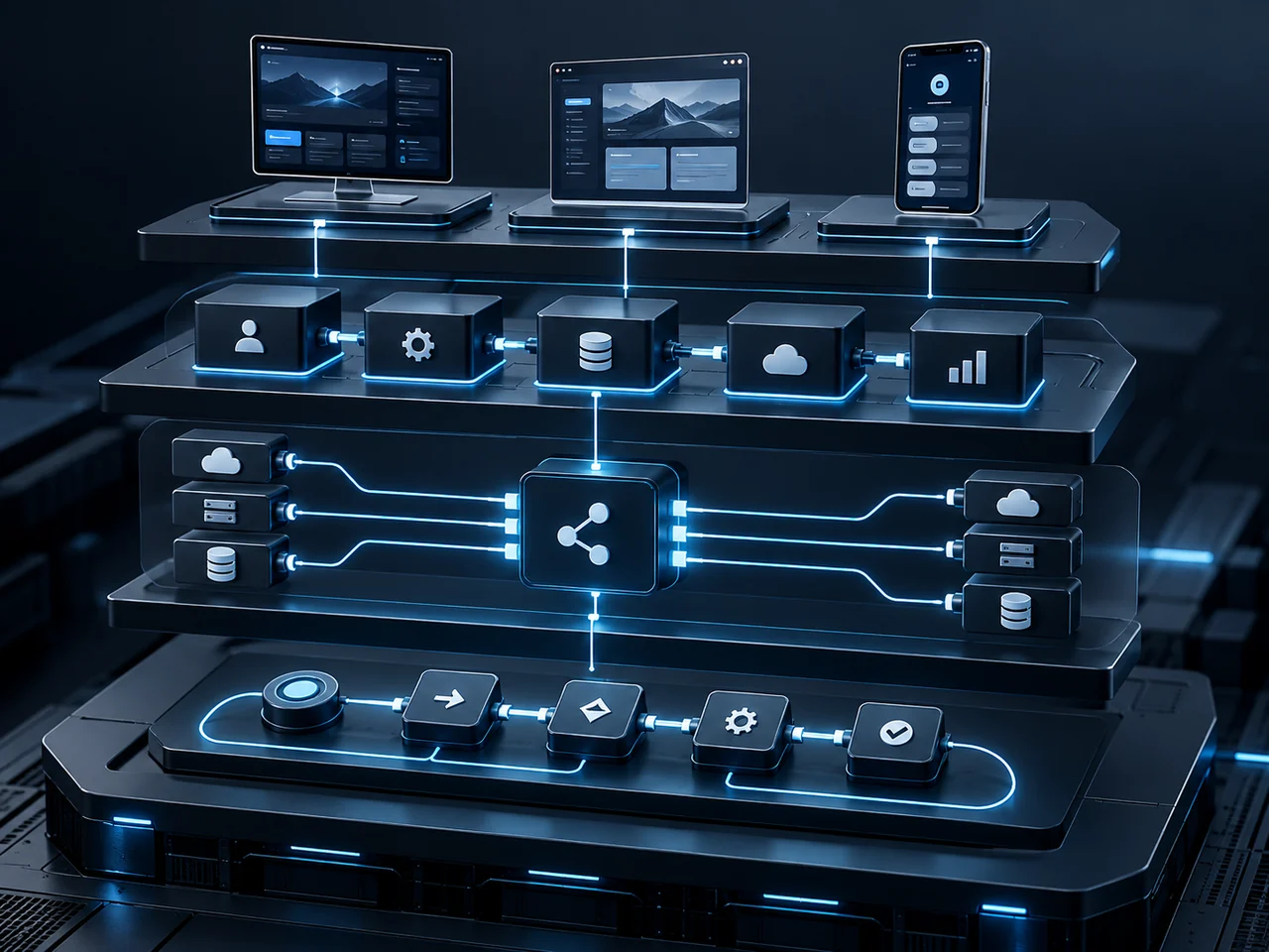 Custom application and service layers integrated into one maintainable software platform