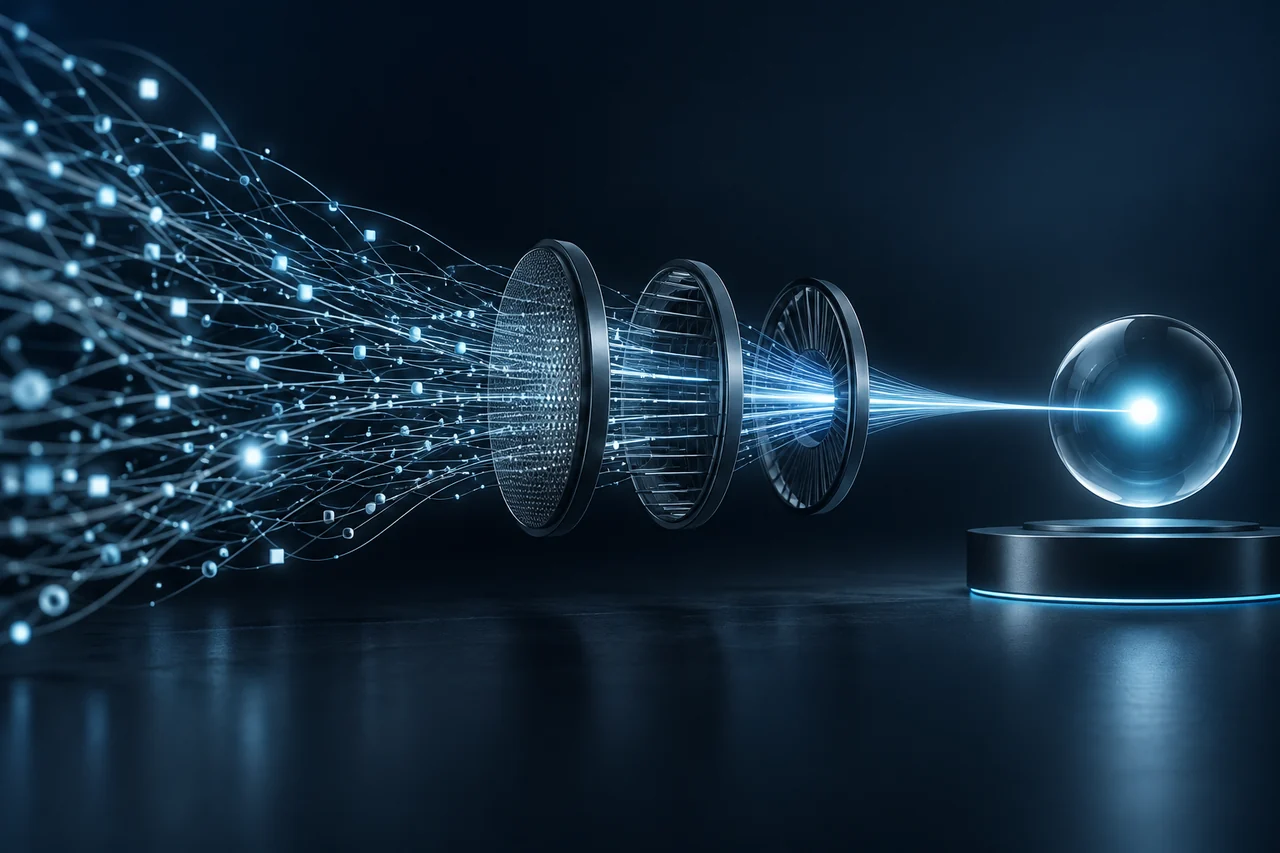 Complex operational signals converging into one clear intelligent outcome