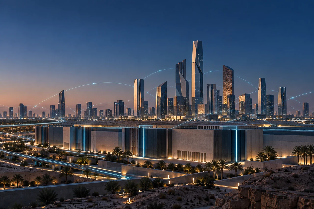 Contemporary Saudi urban infrastructure connected by secure digital pathways
